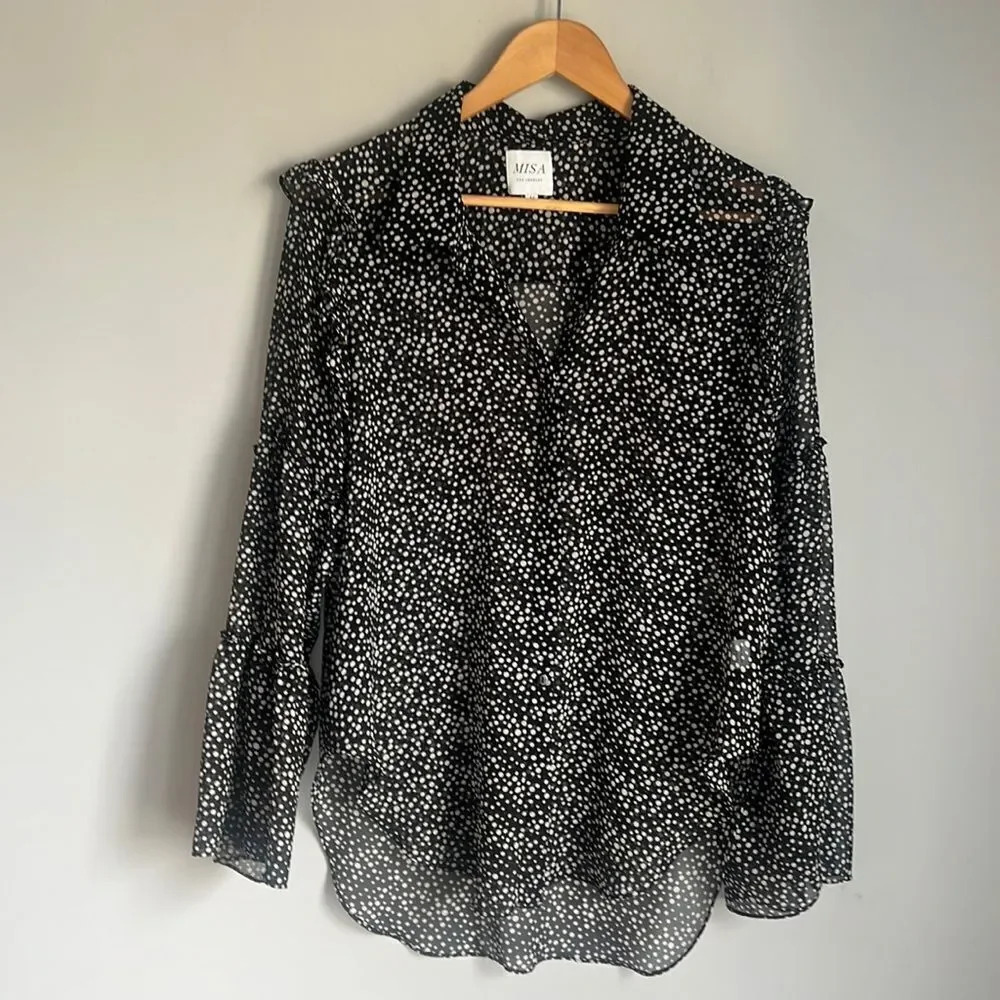 Misa Black White Polka Dot Sheer Button Up Bell Ruffle Sleeve Hi Lo Blouse